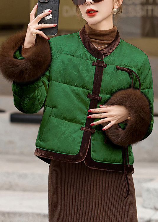 Women Green Tasseled Patchwork Duck Down Oriental Coats Winter