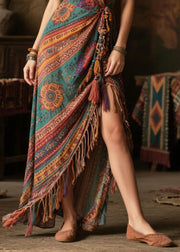 Women Green Tasseled Side Open Chiffon Vacation Dress Summer