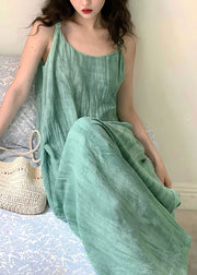 Women Green U Neck Wrinkled Linen Long Dress Sleeveless
