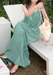 Women Green U Neck Wrinkled Linen Long Dress Sleeveless