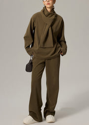 Women Green V Neck Elastic Waist Cotton Three Pieces Set Fall