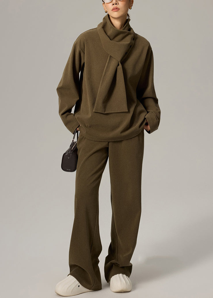 Women Green V Neck Elastic Waist Cotton Three Pieces Set Fall