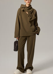 Women Green V Neck Elastic Waist Cotton Three Pieces Set Fall