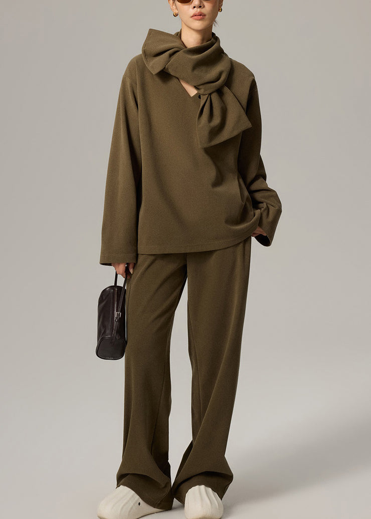 Women Green V Neck Elastic Waist Cotton Three Pieces Set Fall