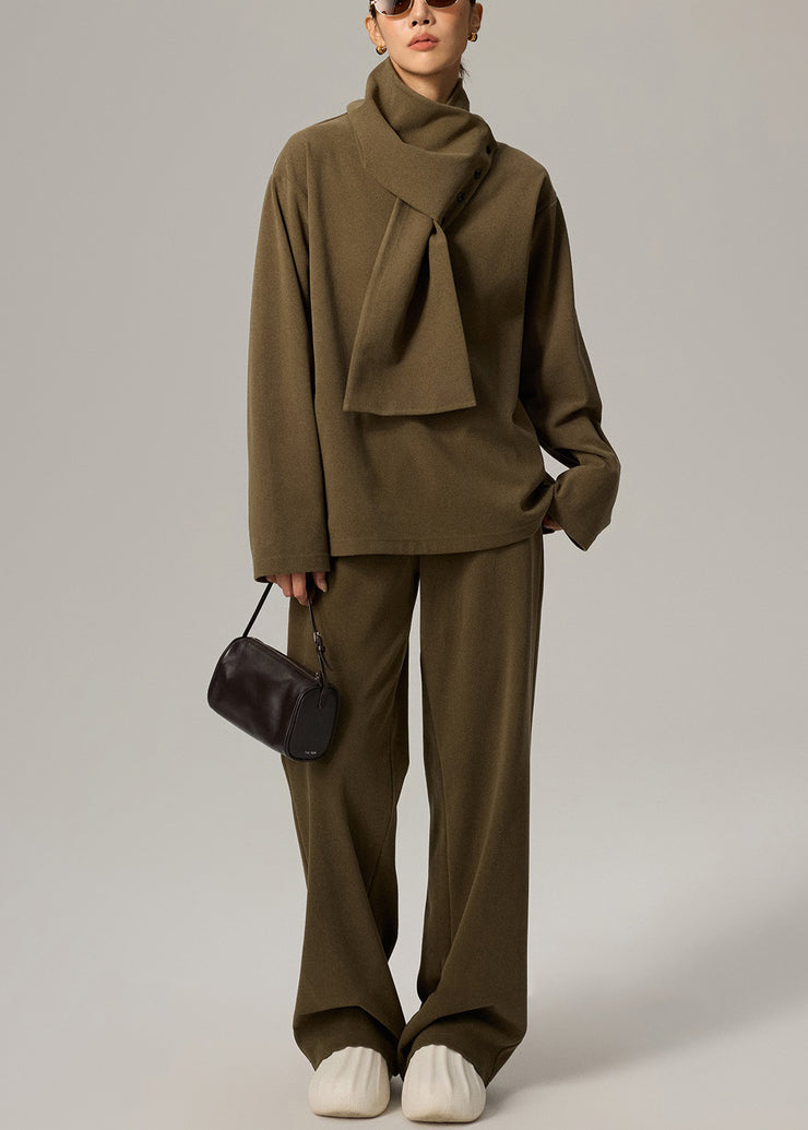 Women Green V Neck Elastic Waist Cotton Three Pieces Set Fall