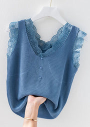 Women Green V Neck Lace Knit Tank Sleeveless