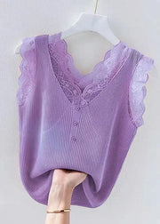 Women Green V Neck Lace Knit Tank Sleeveless