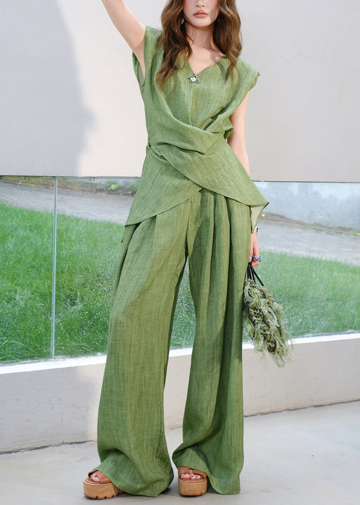 Women Green V Neck Lace Up Tops And Pants Linen Two Piece Set Sleeveless