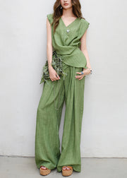 Women Green V Neck Lace Up Tops And Pants Linen Two Piece Set Sleeveless