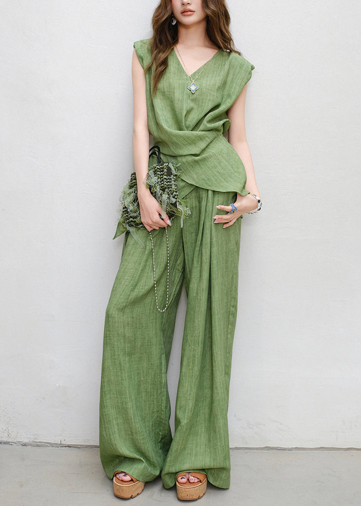 Women Green V Neck Lace Up Tops And Pants Linen Two Piece Set Sleeveless