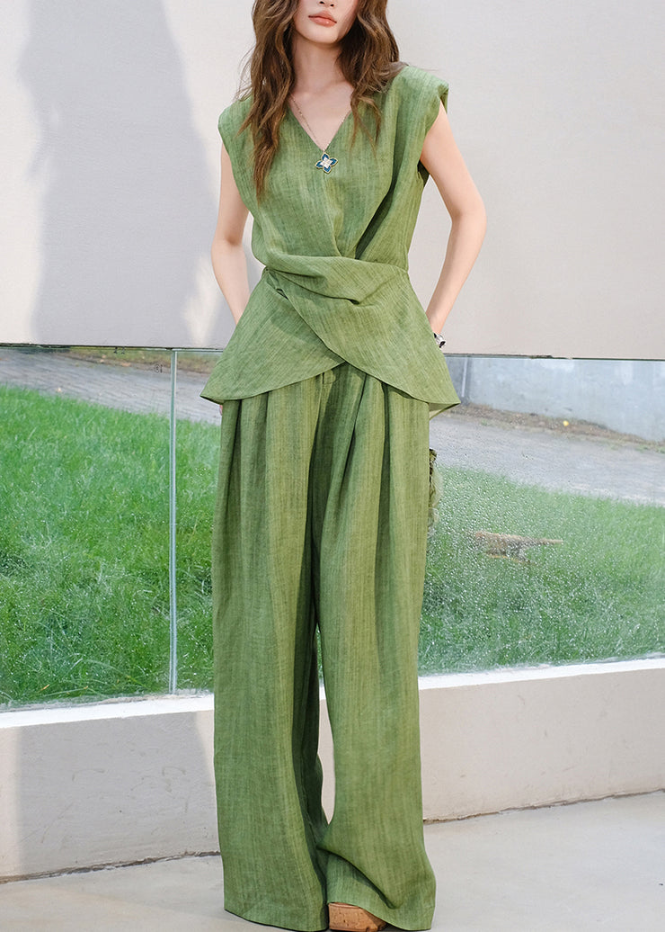 Women Green V Neck Lace Up Tops And Pants Linen Two Piece Set Sleeveless