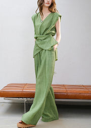 Women Green V Neck Lace Up Tops And Pants Linen Two Piece Set Sleeveless