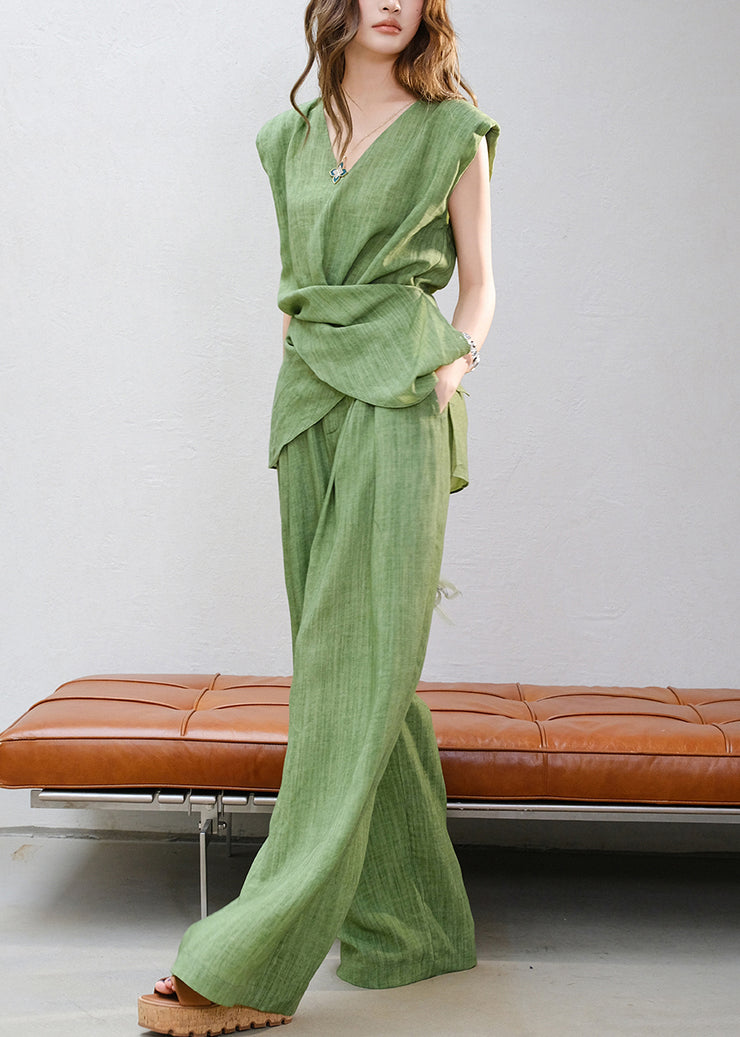 Women Green V Neck Lace Up Tops And Pants Linen Two Piece Set Sleeveless