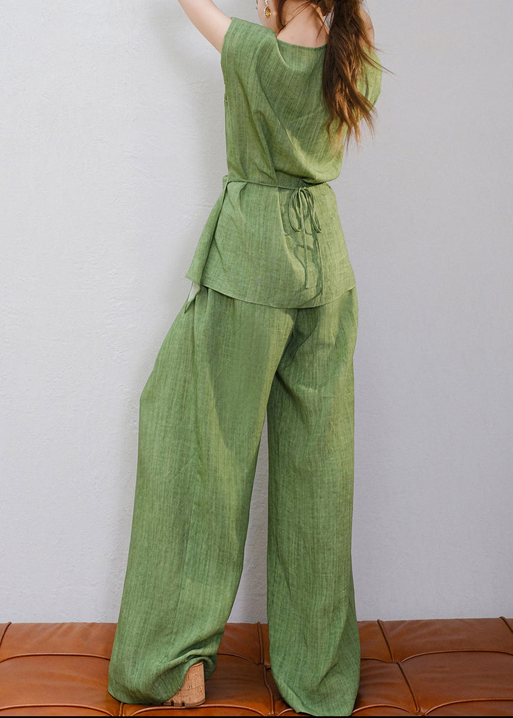 Women Green V Neck Lace Up Tops And Pants Linen Two Piece Set Sleeveless