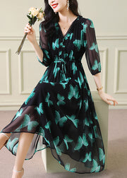 Women Green V Neck Print Drawstring Silk Dresses Summer
