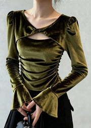 Women Green Wrinkled Hollow Out Silk Velour T Shirt Flare Sleeve