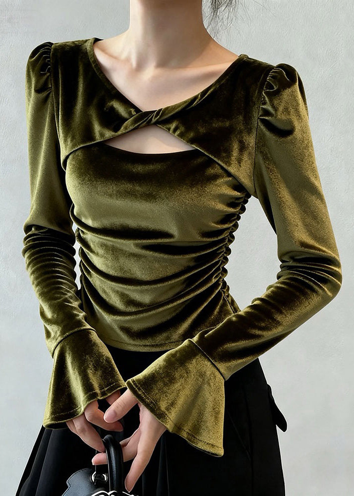 Women Green Wrinkled Hollow Out Silk Velour T Shirt Flare Sleeve
