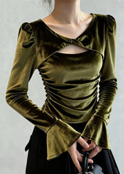 Women Green Wrinkled Hollow Out Silk Velour T Shirt Flare Sleeve
