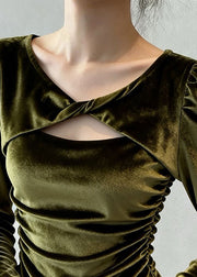 Women Green Wrinkled Hollow Out Silk Velour T Shirt Flare Sleeve