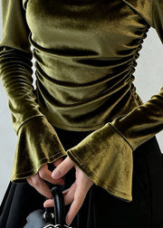 Women Green Wrinkled Hollow Out Silk Velour T Shirt Flare Sleeve