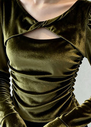 Women Green Wrinkled Hollow Out Silk Velour T Shirt Flare Sleeve