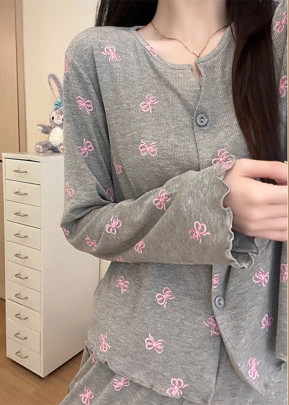 Women Grey Bow Print Cotton Women Pajama Sets Fall