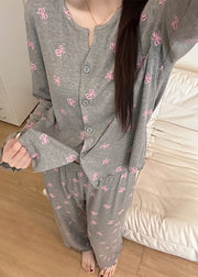 Women Grey Bow Print Cotton Women Pajama Sets Fall