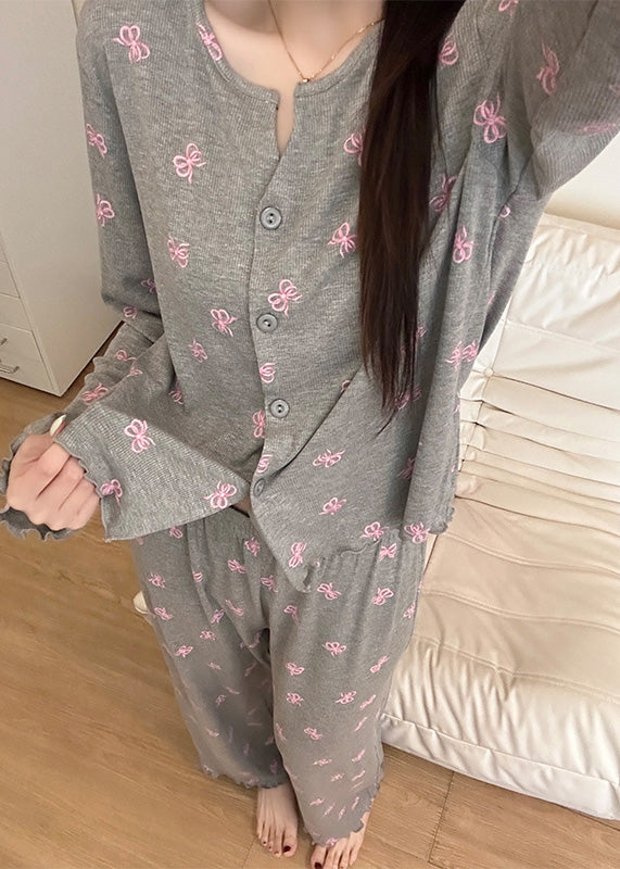 Women Grey Bow Print Cotton Women Pajama Sets Fall