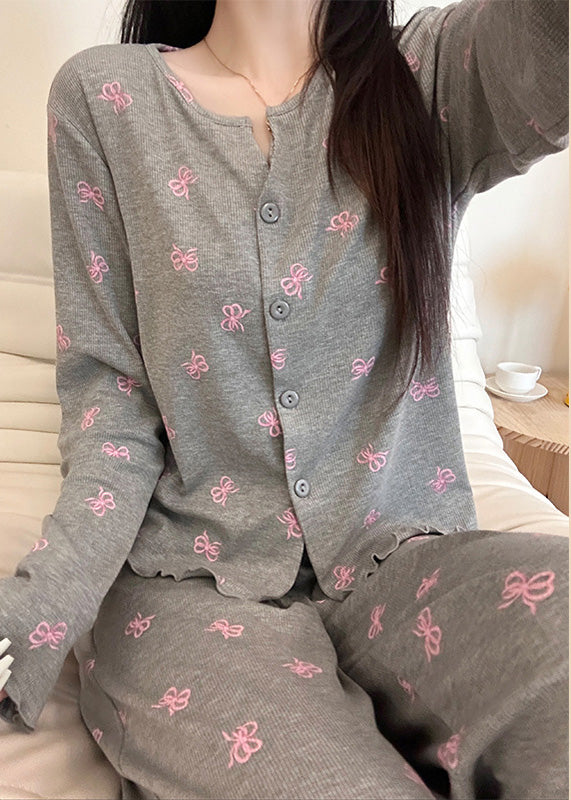 Women Grey Bow Print Cotton Women Pajama Sets Fall