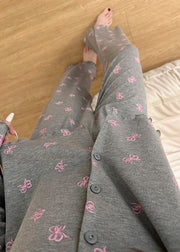 Women Grey Bow Print Cotton Women Pajama Sets Fall