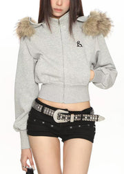 Women Grey Hooded Faux Fur Shorts Coats Spring