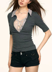 Women Grey Lace Patchwork Cotton T Shirt Top Summer