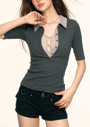 Women Grey Lace Patchwork Cotton T Shirt Top Summer