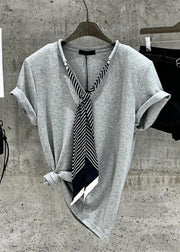 Women Grey Necktie Solid Cotton T Shirts Summer