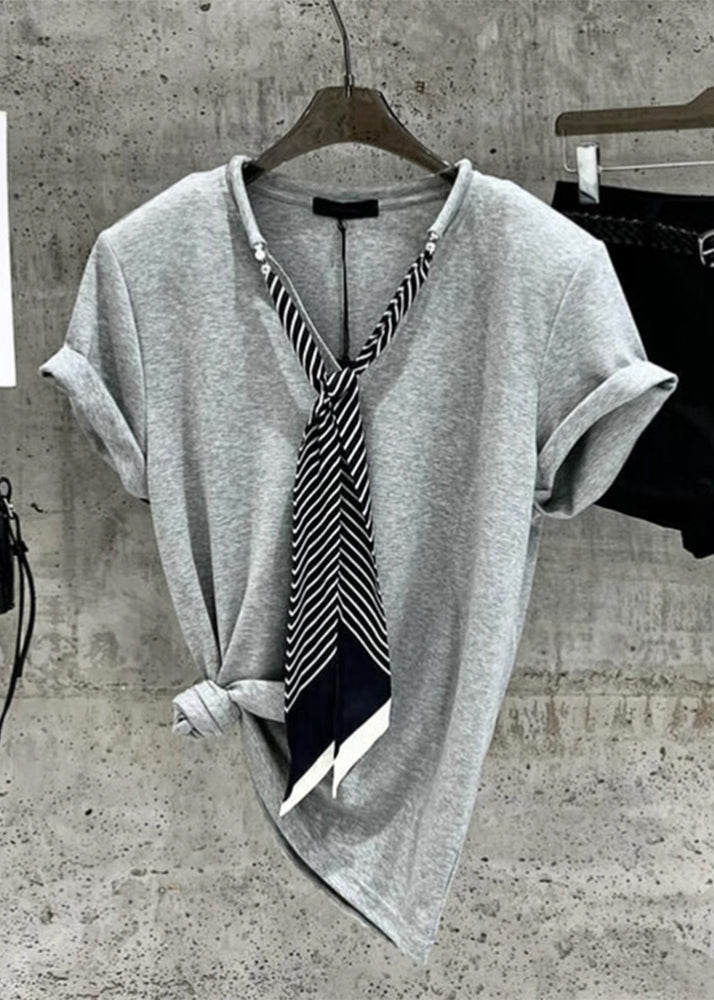 Women Grey Necktie Solid Cotton T Shirts Summer
