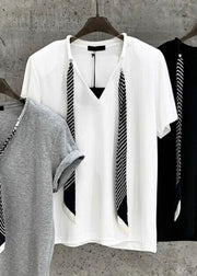 Women Grey Necktie Solid Cotton T Shirts Summer