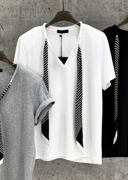 Women Grey Necktie Solid Cotton T Shirts Summer