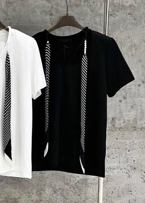 Women Grey Necktie Solid Cotton T Shirts Summer