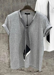 Women Grey Necktie Solid Cotton T Shirts Summer