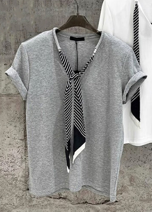 Women Grey Necktie Solid Cotton T Shirts Summer