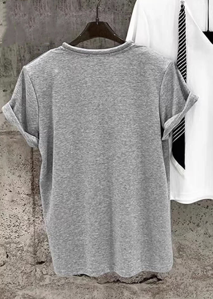 Women Grey Necktie Solid Cotton T Shirts Summer