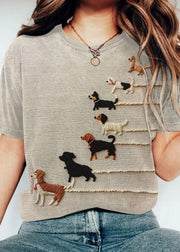 Women Grey O Neck Animal Cotton T Shirt Tops Summer