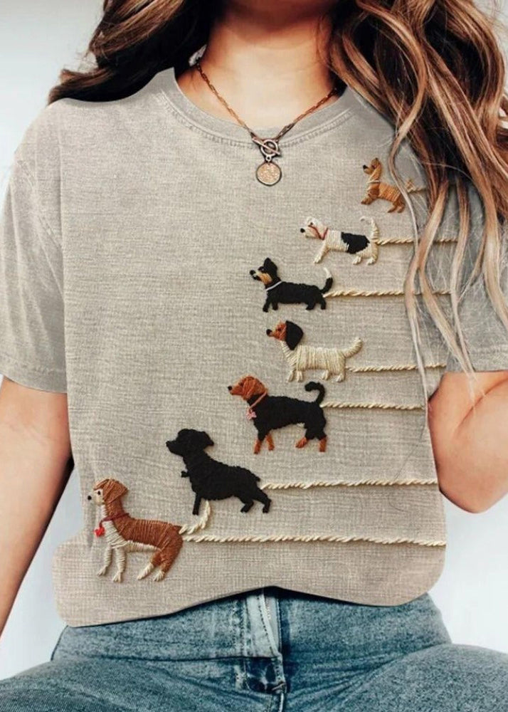 Women Grey O Neck Animal Cotton T Shirt Tops Summer