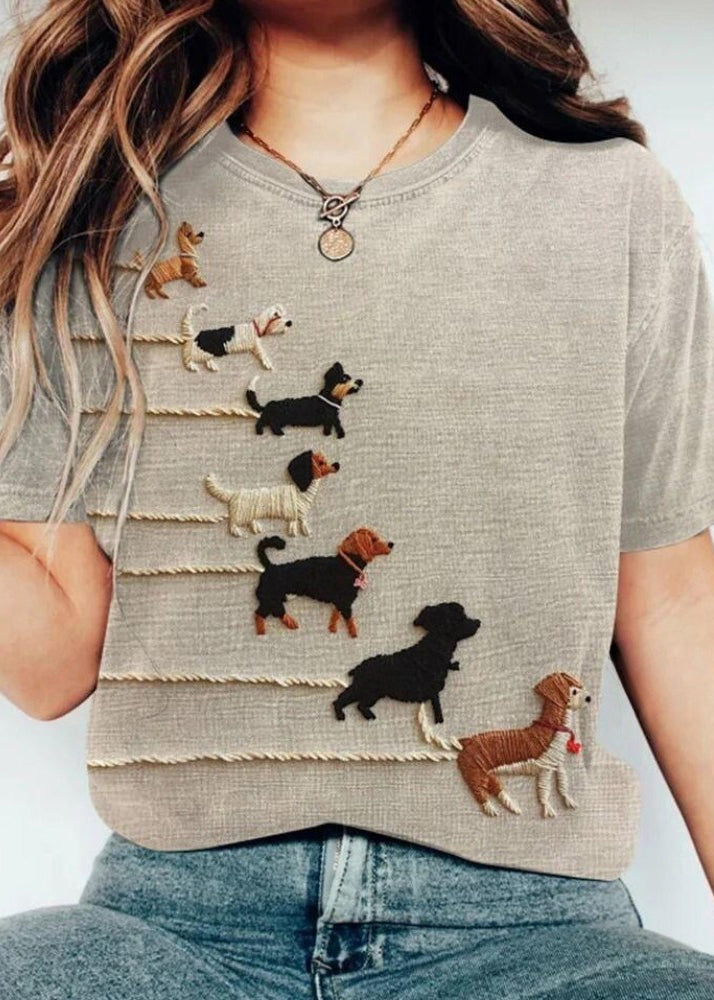 Women Grey O Neck Animal Cotton T Shirt Tops Summer
