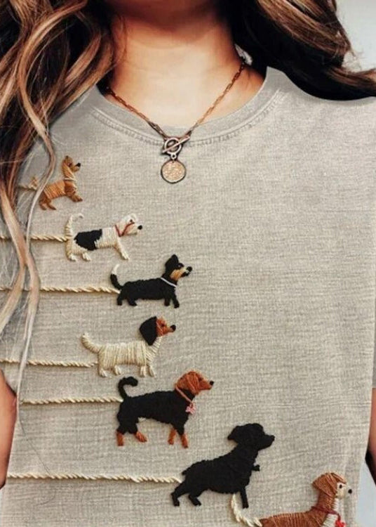 Women Grey O Neck Animal Cotton T Shirt Tops Summer