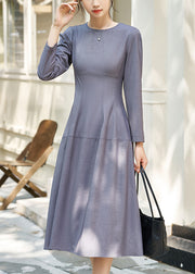 Women Grey O Neck High Waist Solid Woolen Long Dress Fall