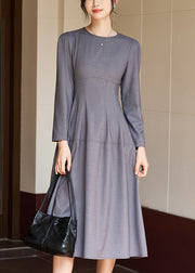 Women Grey O Neck High Waist Solid Woolen Long Dress Fall