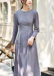 Women Grey O Neck High Waist Solid Woolen Long Dress Fall