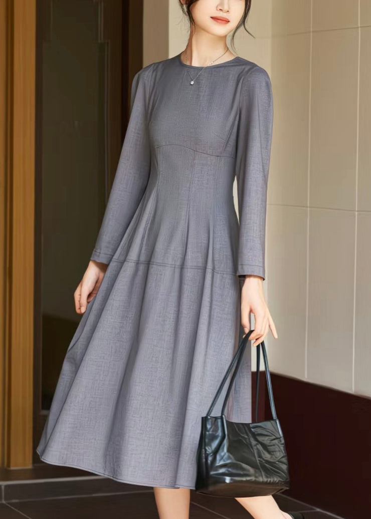 Women Grey O Neck High Waist Solid Woolen Long Dress Fall