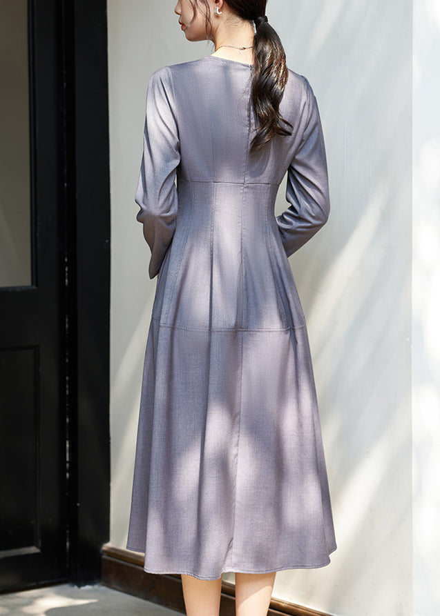 Women Grey O Neck High Waist Solid Woolen Long Dress Fall